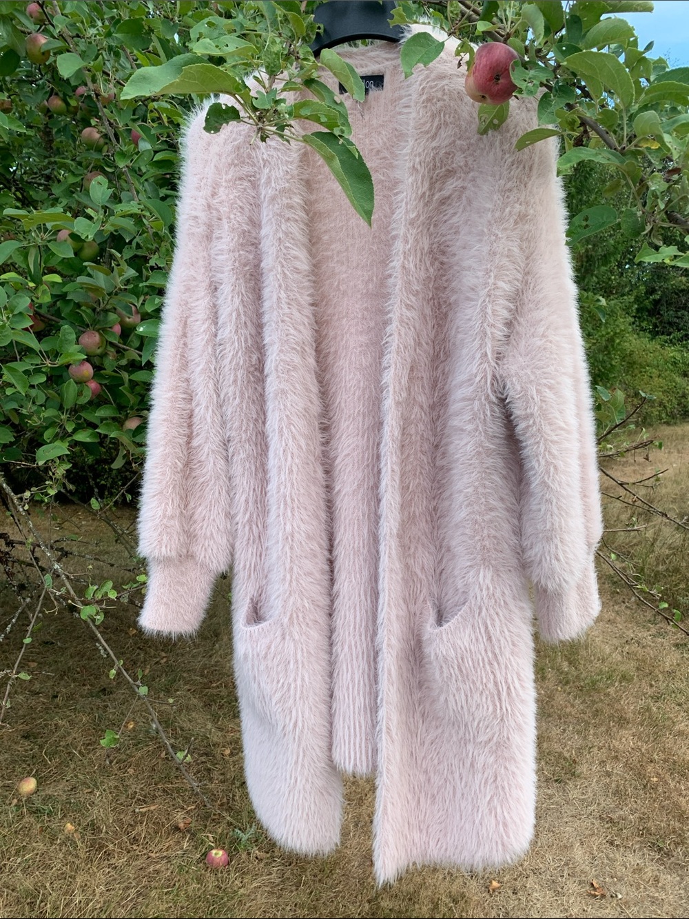 Pink fluffy furry faux angora fur wrap sweater cardigan coat L